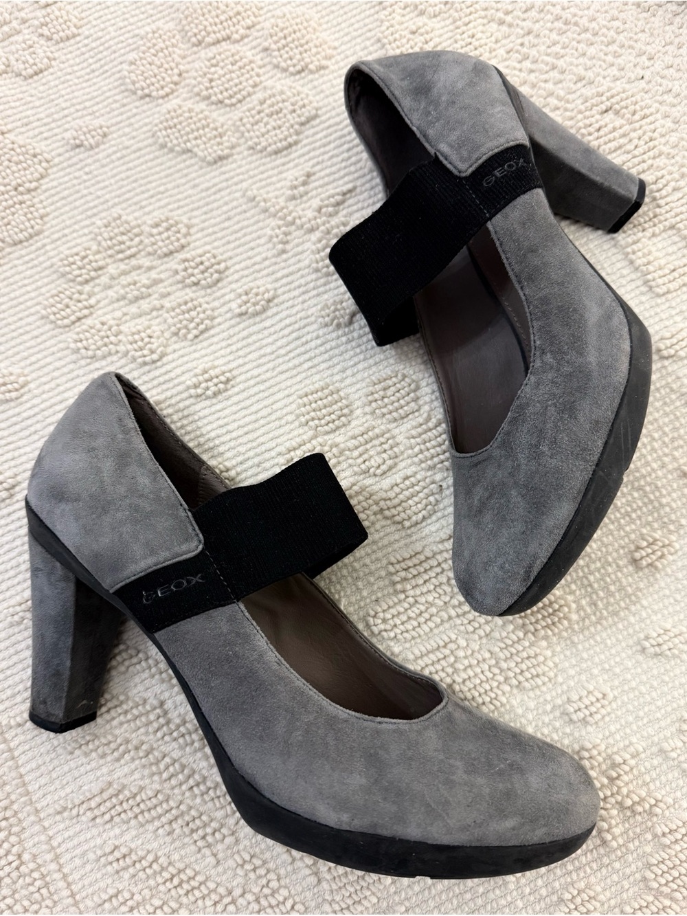 Geox Gray Suede Mary Jane Heels with Black Elastic Strap